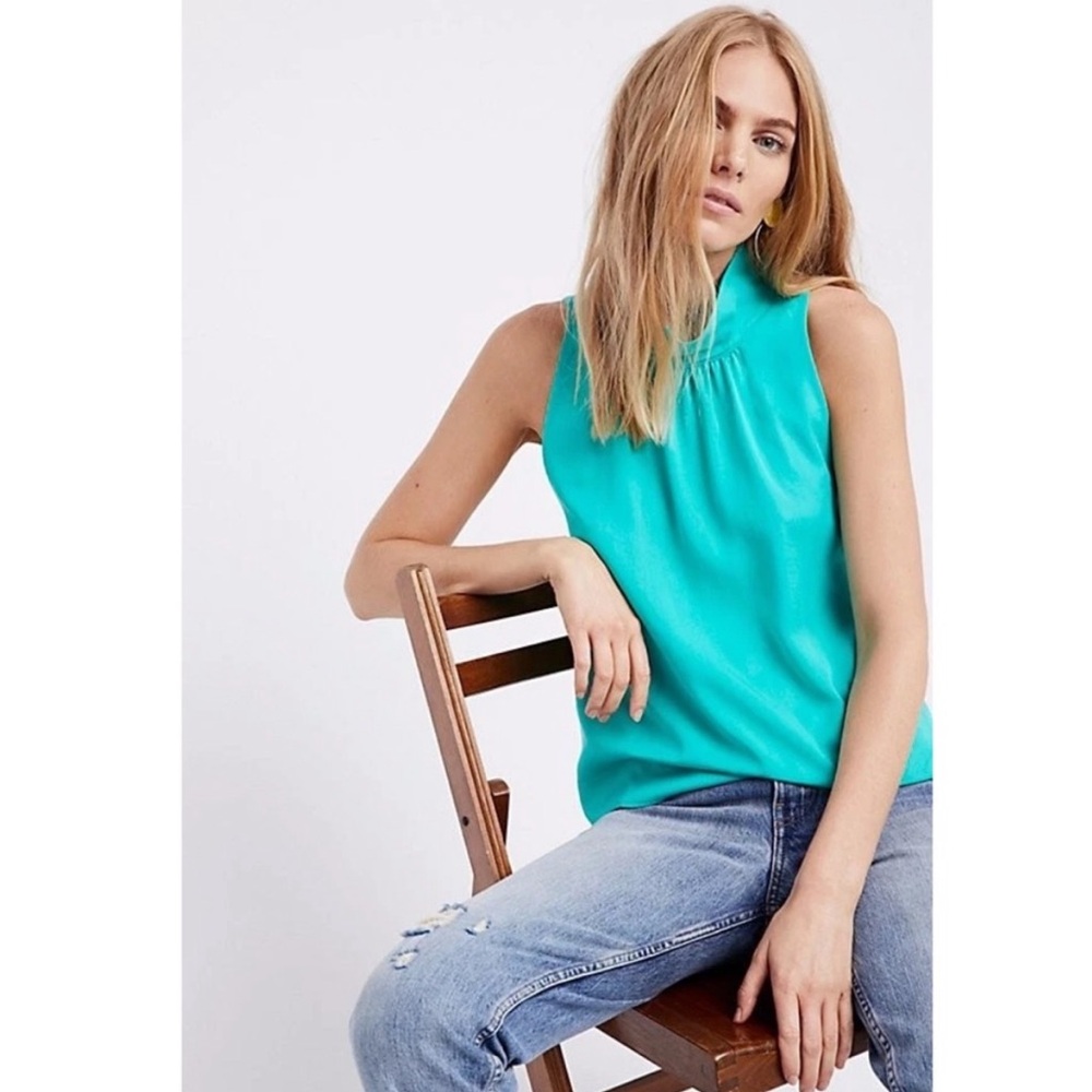 NWOT Free People Aqua “Palm Breeze” Sleeveless Blouse Mock Neck Turquoise Top XS - Picture 2 of 15